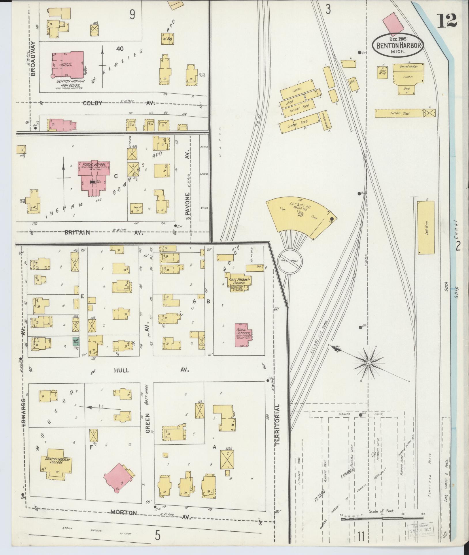 Sanborn Fire Insurance Map from Benton Harbor, Berrien County, Michigan (1905), Sheet #0012 - Complete Map Set gallery image, historic Sanborn map, vintage wall art, Michigan Michigan
