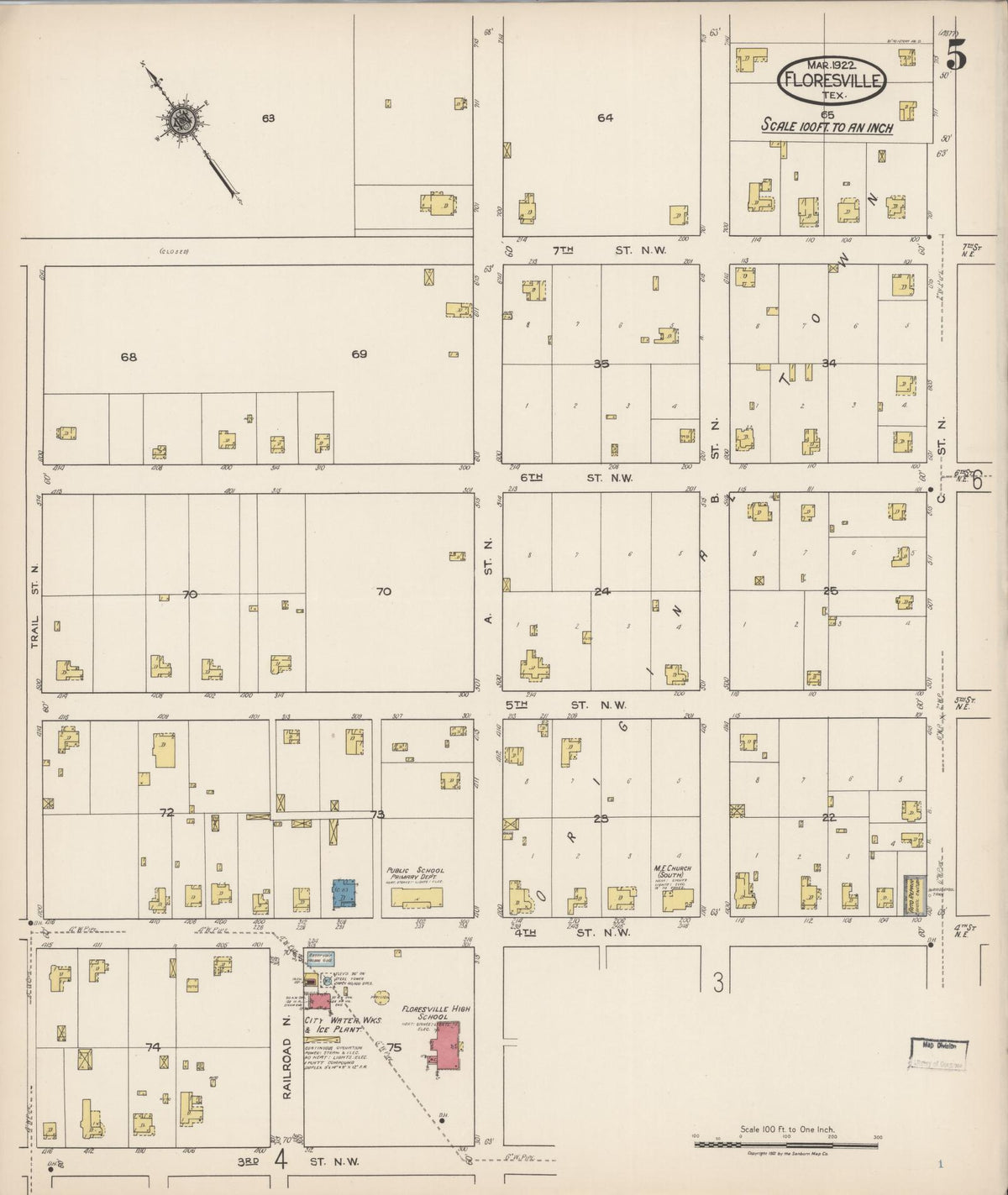 Sanborn Fire Insurance Map from Floresville, Wilson County, Texas (1922), Sheet #0005 - Complete Map Set gallery image, historic Sanborn map, vintage wall art, Texas Texas