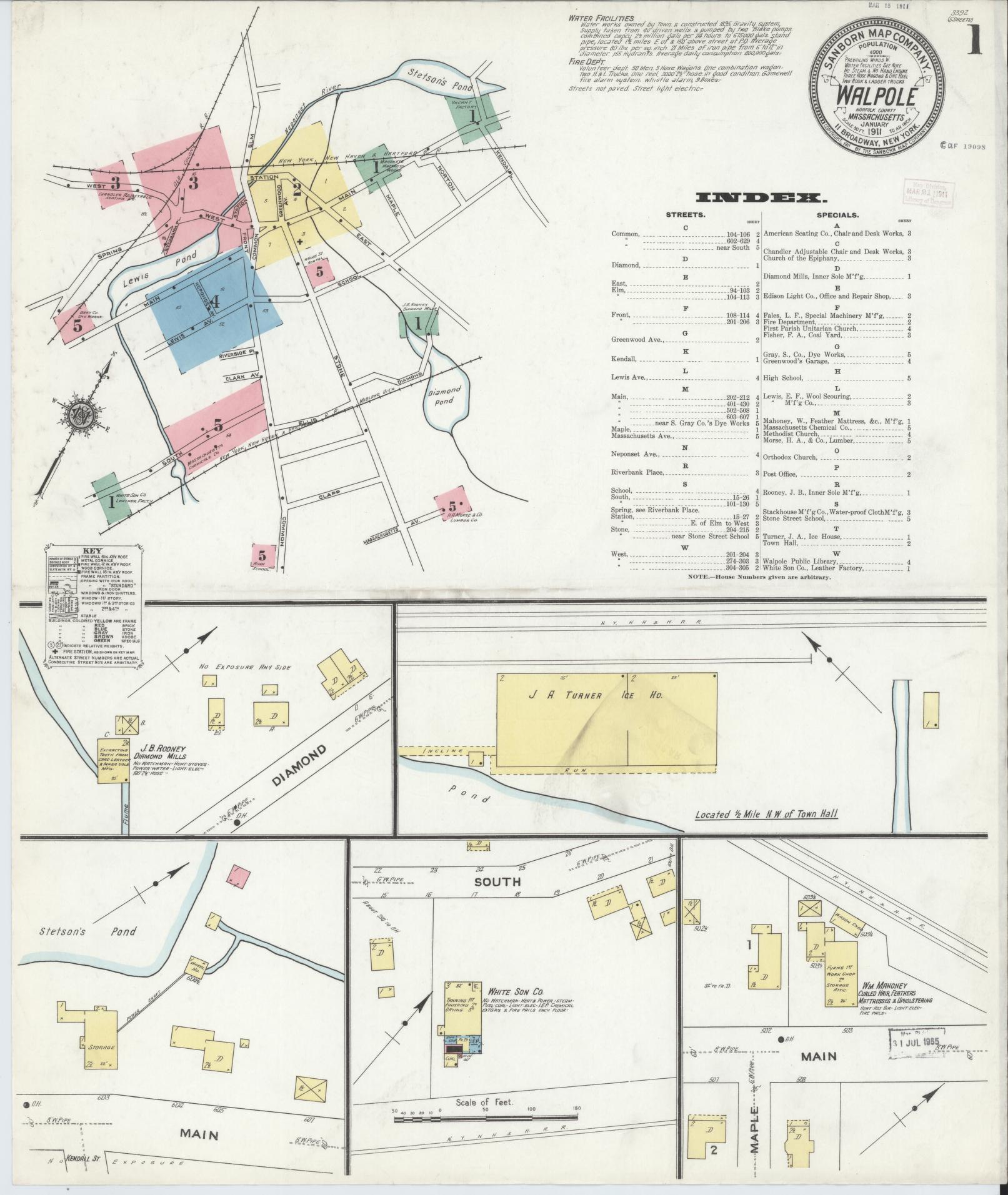 Sanborn Fire Insurance Map from Walpole, Norfolk County, Massachusetts (1911), Sheet #0001 - Complete Map Set gallery image, historic Sanborn map, vintage wall art, Massachusetts Massachusetts