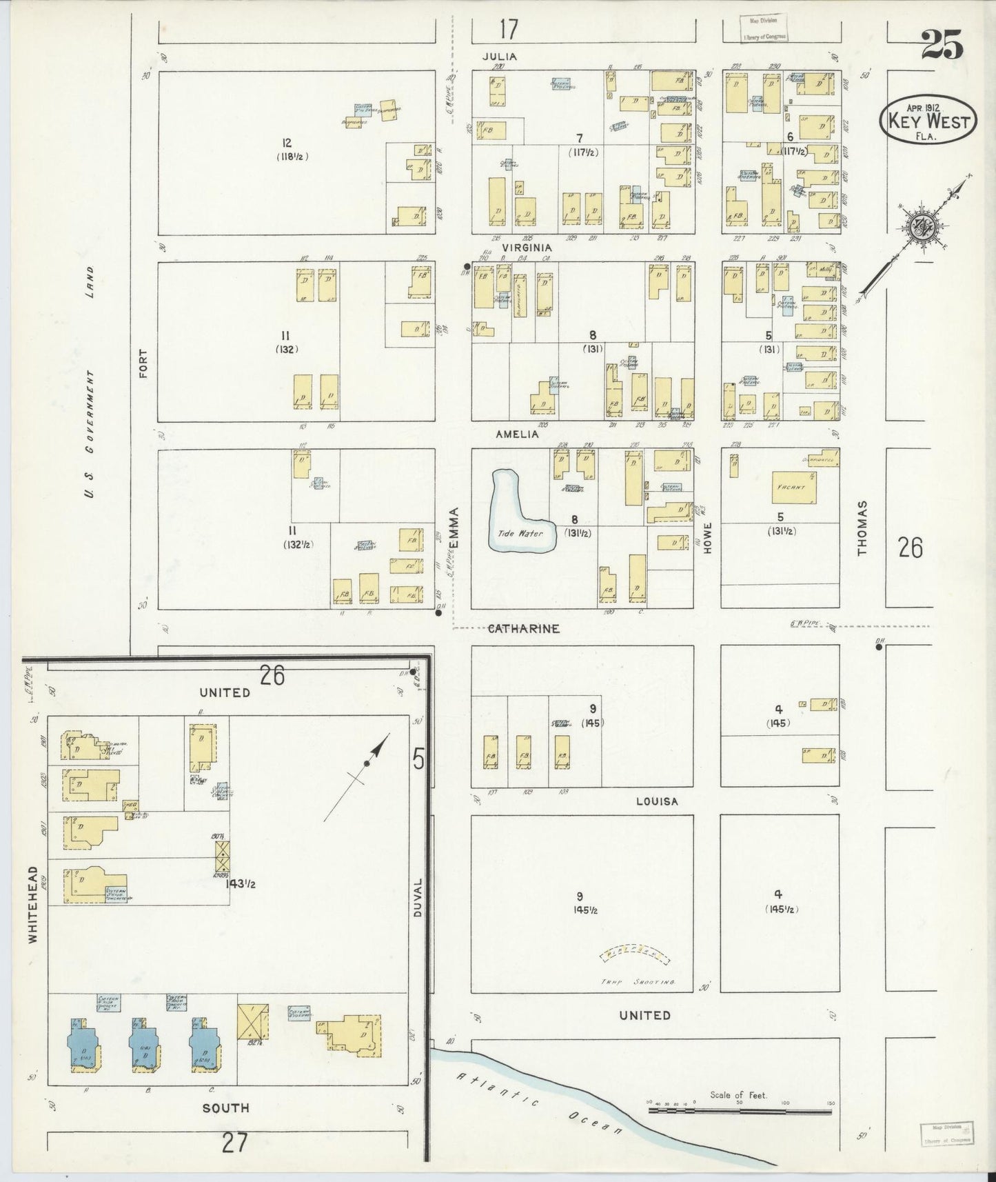 Sanborn Fire Insurance Map from Key West, Monroe County, Florida (1912), Sheet #0025 - Historic Sanborn Fire Insurance Map Print, vintage old map wall art, antique decor, genealogy gift, Florida Florida map