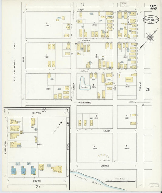 Sanborn Fire Insurance Map from Key West, Monroe County, Florida (1912), Sheet #0025 - Historic Sanborn Fire Insurance Map Print, vintage old map wall art, antique decor, genealogy gift, Florida Florida map