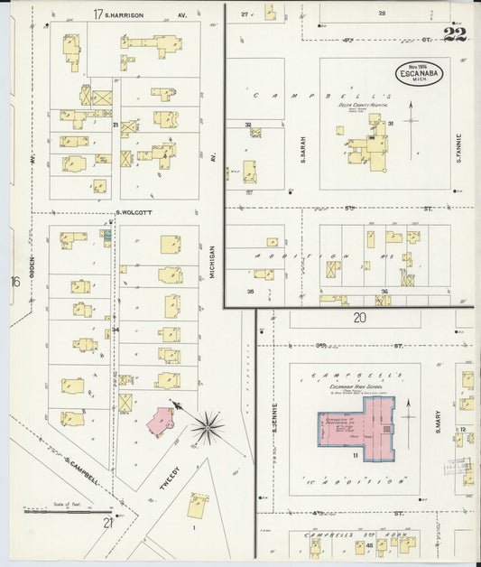 Sanborn Fire Insurance Map from Escanaba, Delta County, Michigan (1906), Sheet #0022 - Historic Sanborn Fire Insurance Map Print, vintage old map wall art, antique decor, genealogy gift, Michigan Michigan map