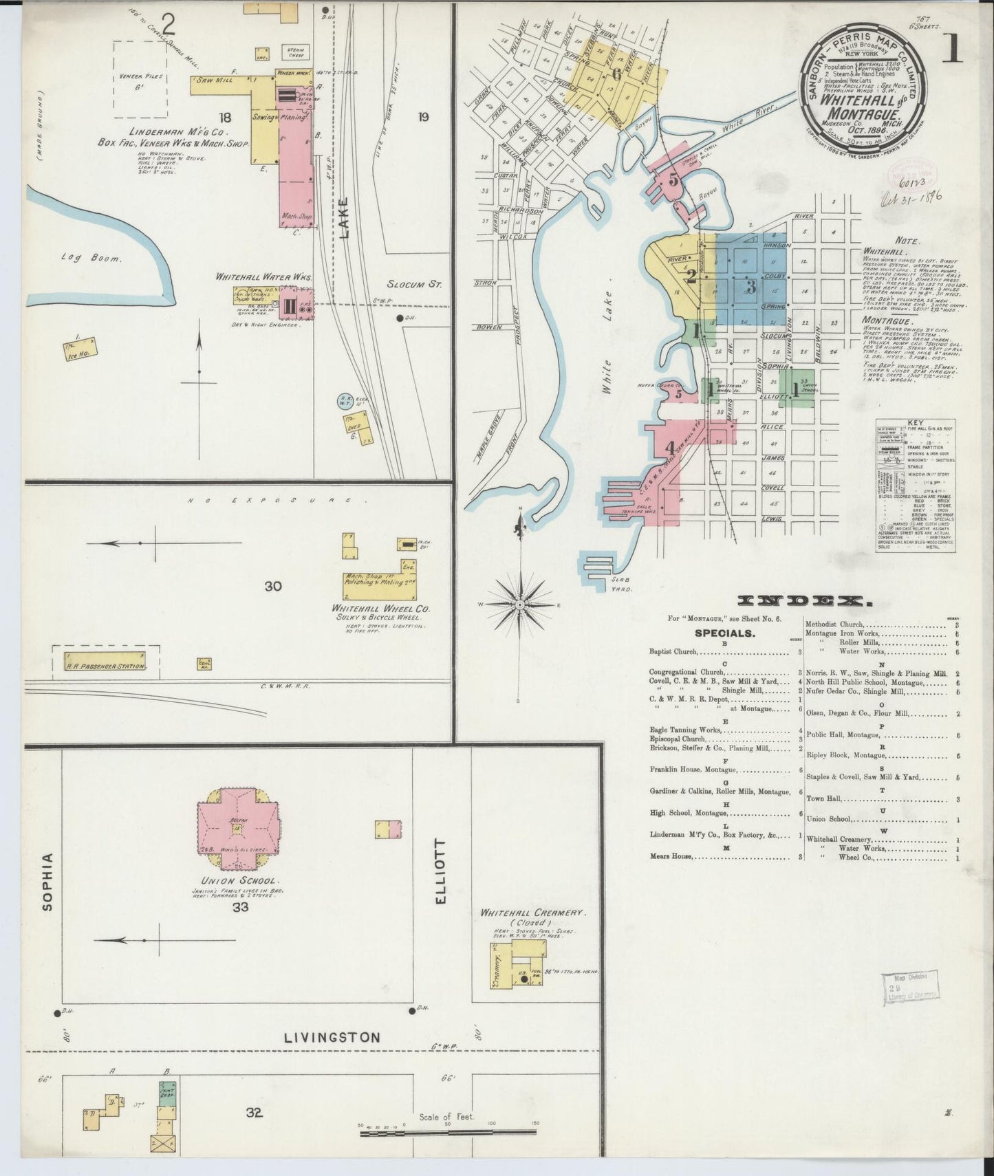 Sanborn Fire Insurance Map from Whitehall, Muskegon County, Michigan (1896), Sheet #0001 - Historic Sanborn Fire Insurance Map Print, vintage old map wall art, antique decor, genealogy gift, Michigan Michigan map