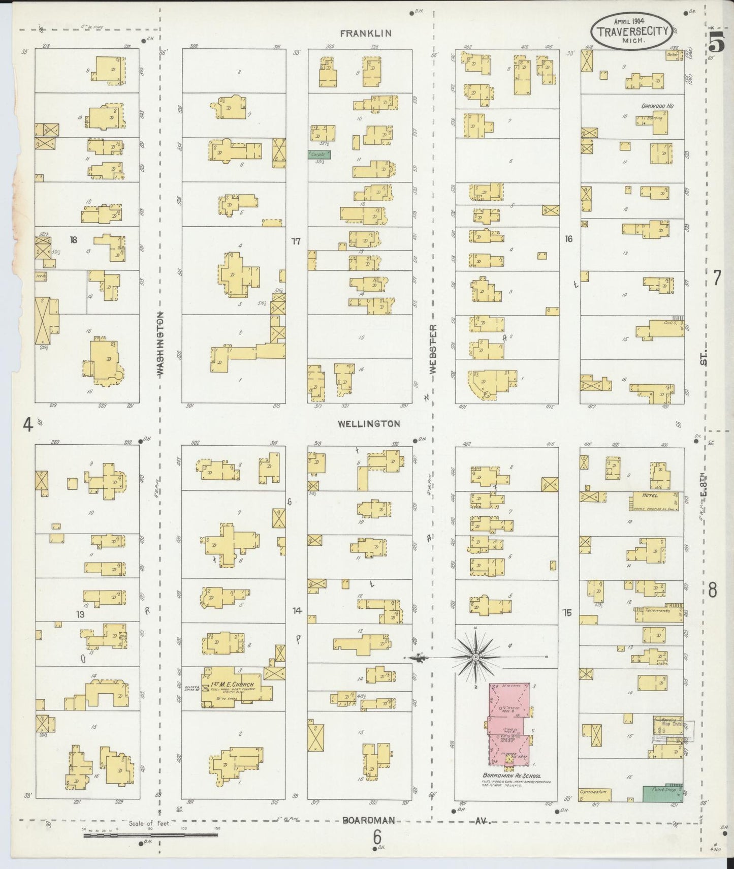 Sanborn Fire Insurance Map from Traverse City, Grand Traverse County, Michigan (1904), Sheet #0005 - Historic Sanborn Fire Insurance Map Print, vintage old map wall art, antique decor, genealogy gift, Michigan Michigan map