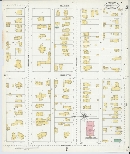 Sanborn Fire Insurance Map from Traverse City, Grand Traverse County, Michigan (1904), Sheet #0005 - Historic Sanborn Fire Insurance Map Print, vintage old map wall art, antique decor, genealogy gift, Michigan Michigan map