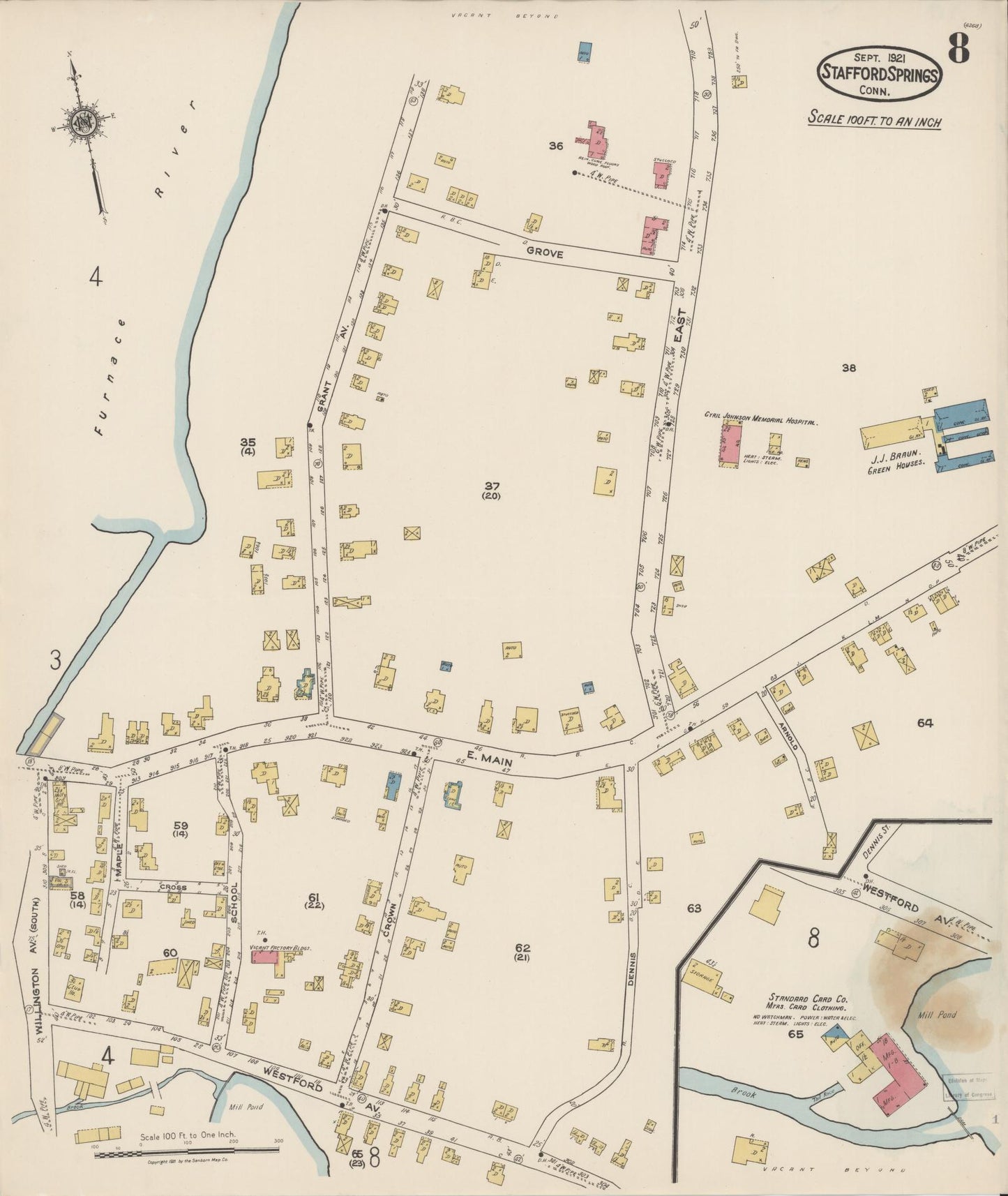 Sanborn Fire Insurance Map from Stafford Springs, Tolland County, Connecticut (1921), Sheet #0008 - Complete Map Set gallery image, historic Sanborn map, vintage wall art, Connecticut Connecticut