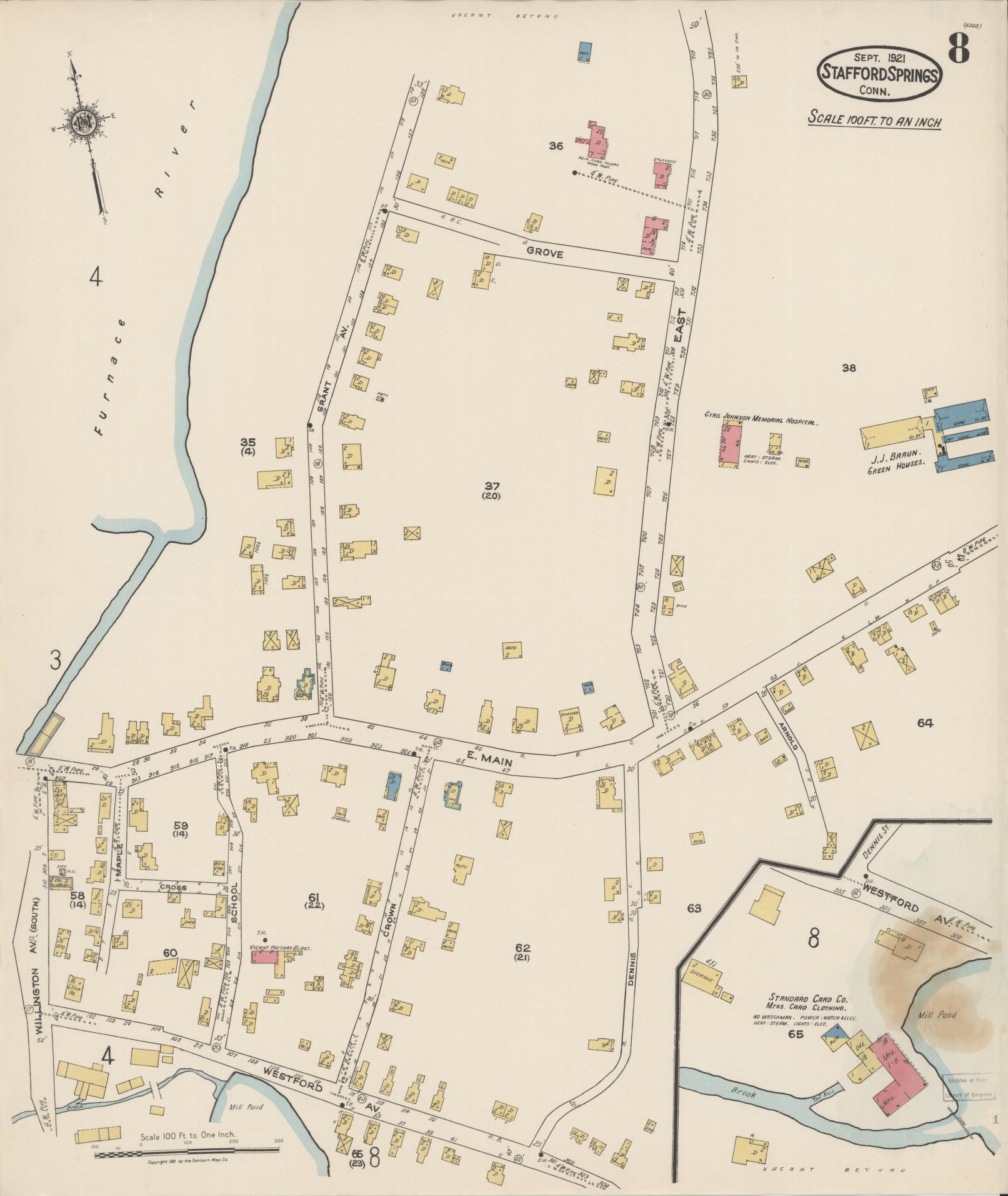 Sanborn Fire Insurance Map from Stafford Springs, Tolland County, Connecticut (1921), Sheet #0008 - Complete Map Set gallery image, historic Sanborn map, vintage wall art, Connecticut Connecticut