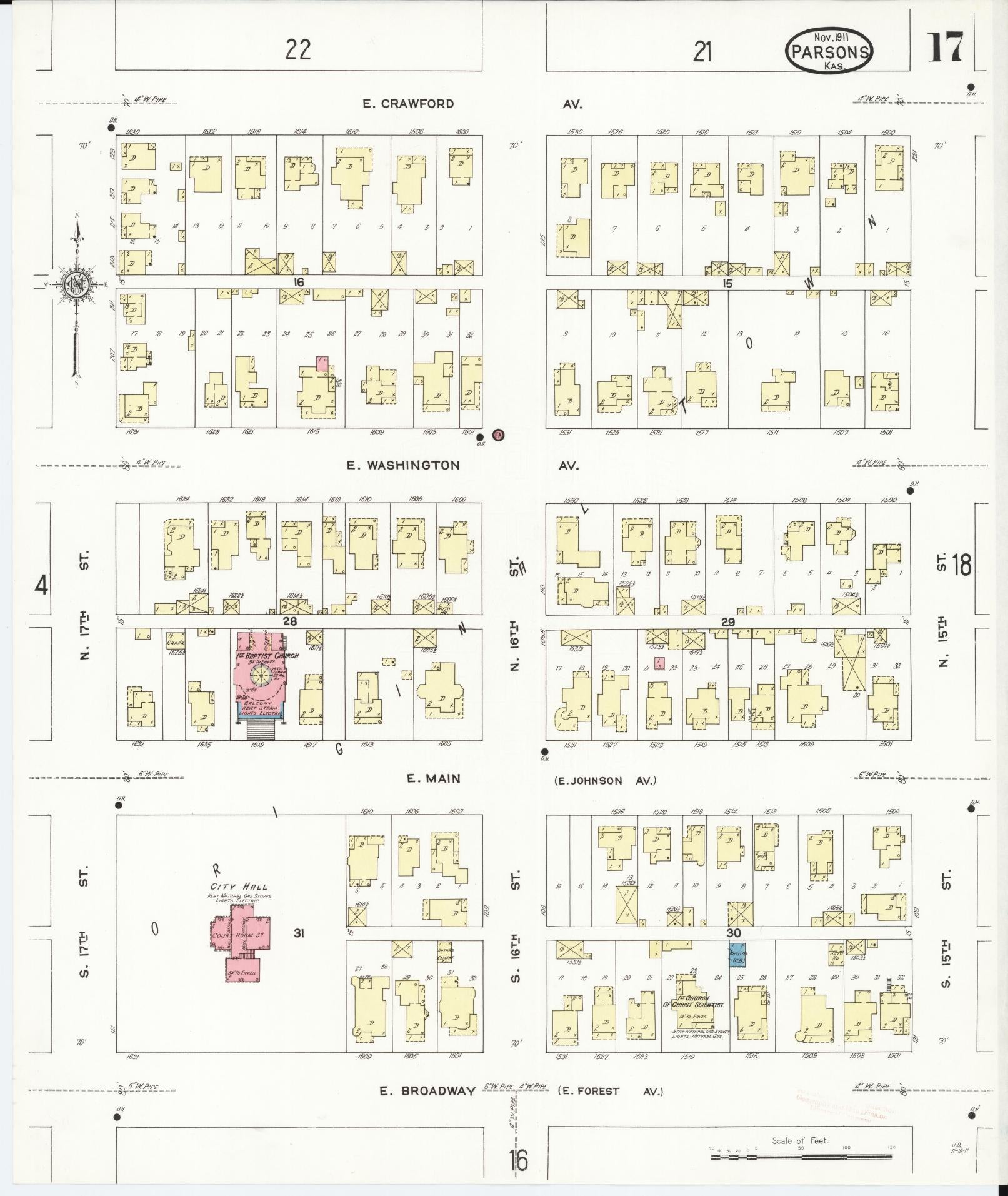 Sanborn Fire Insurance Map from Parsons, Labette County, Kansas (1911), Sheet #0017 - Historic Sanborn Fire Insurance Map Print, vintage old map wall art, antique decor, genealogy gift, Kansas Kansas map