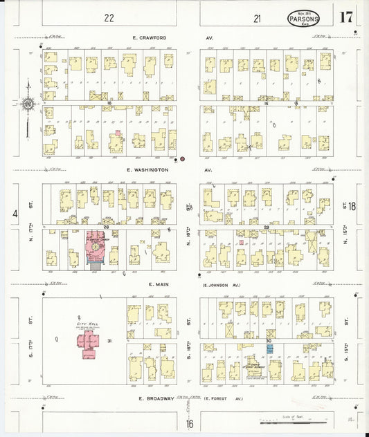 Sanborn Fire Insurance Map from Parsons, Labette County, Kansas (1911), Sheet #0017 - Historic Sanborn Fire Insurance Map Print, vintage old map wall art, antique decor, genealogy gift, Kansas Kansas map