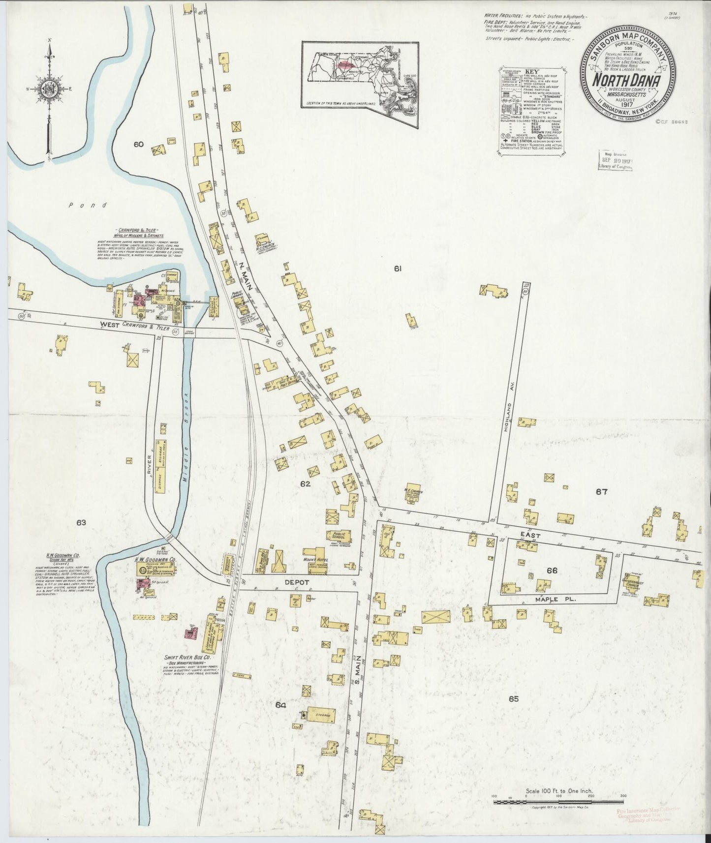 Sanborn Fire Insurance Map from North Dana, Worcester County, Massachusetts (1917), Sheet #0001 - Historic Sanborn Fire Insurance Map Print, vintage old map wall art, antique decor, genealogy gift, Massachusetts Massachusetts map