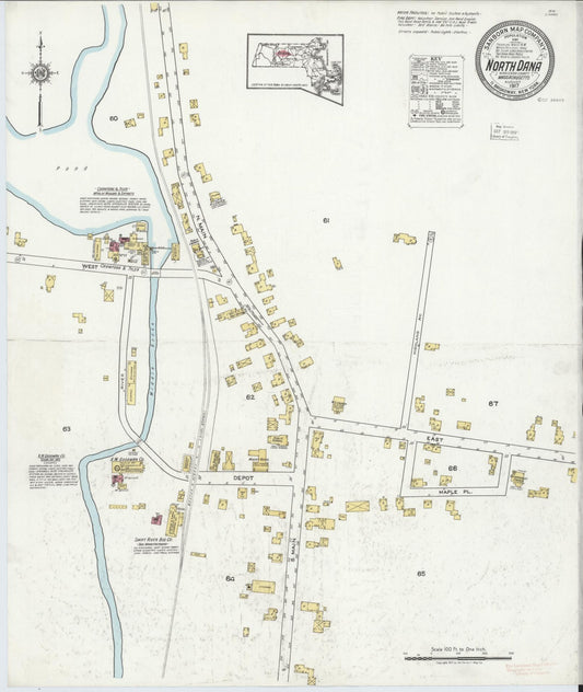 Sanborn Fire Insurance Map from North Dana, Worcester County, Massachusetts (1917), Sheet #0001 - Historic Sanborn Fire Insurance Map Print, vintage old map wall art, antique decor, genealogy gift, Massachusetts Massachusetts map