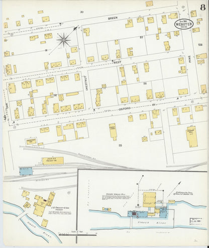 Sanborn Fire Insurance Map from Webster, Worcester County, Massachusetts (1904), Sheet #0008 - Historic Sanborn Fire Insurance Map Print, vintage old map wall art, antique decor, genealogy gift, Massachusetts Massachusetts map