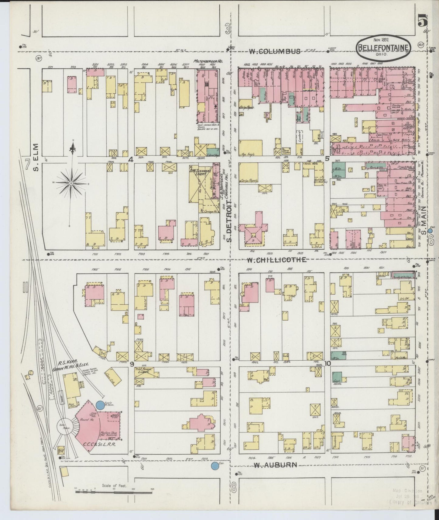 Sanborn Fire Insurance Map from Bellefontaine, Logan County, Ohio (1892), Sheet #0005 - Historic Sanborn Fire Insurance Map Print, vintage old map wall art, antique decor, genealogy gift, Ohio Ohio map