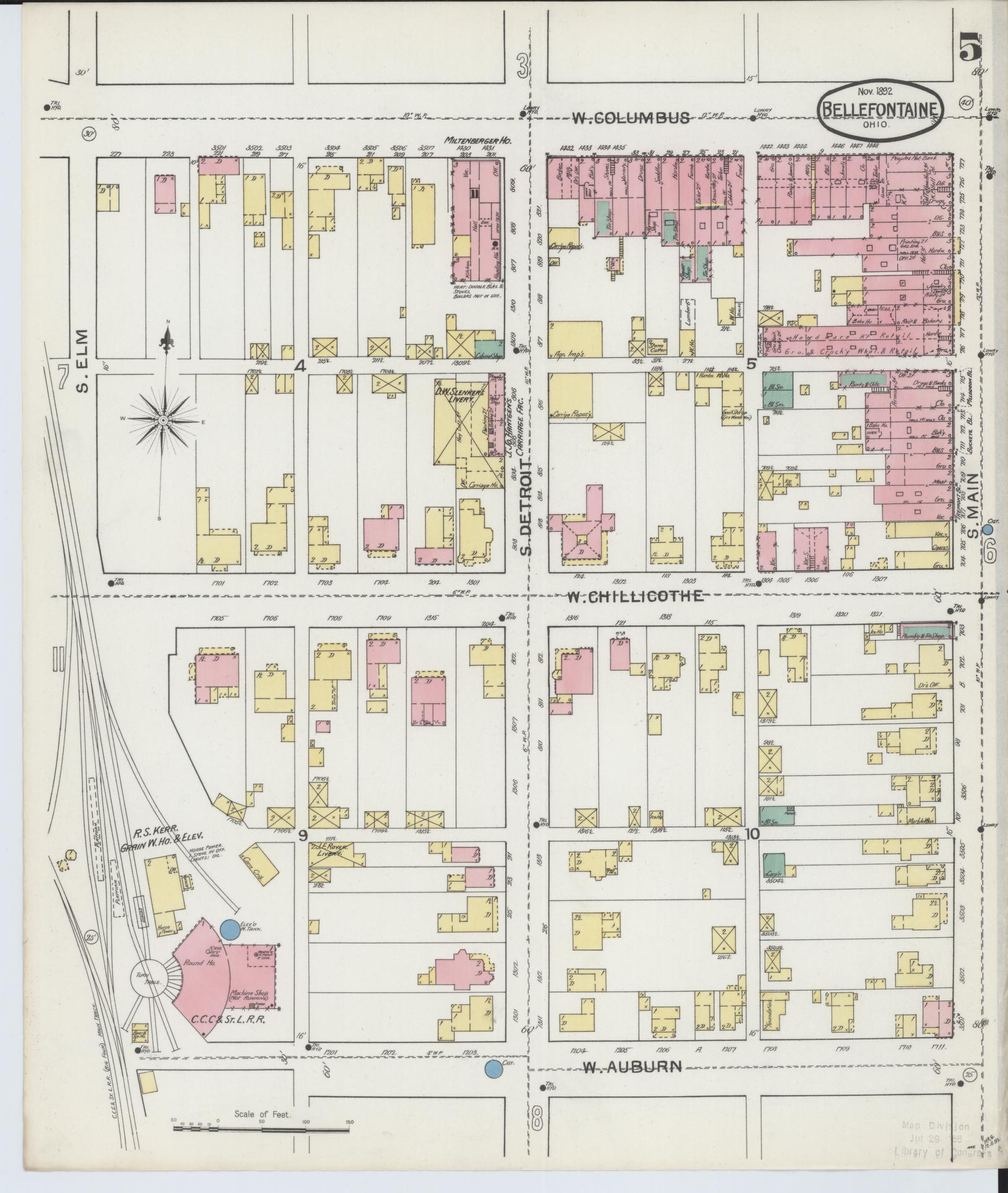 Sanborn Fire Insurance Map from Bellefontaine, Logan County, Ohio (1892), Sheet #0005 - Historic Sanborn Fire Insurance Map Print, vintage old map wall art, antique decor, genealogy gift, Ohio Ohio map
