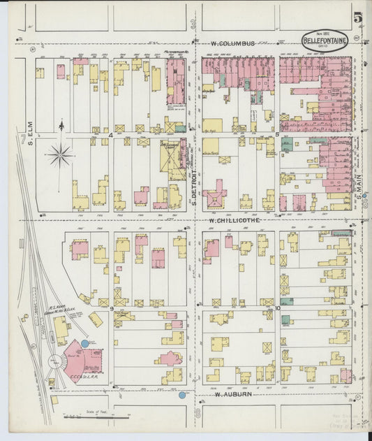 Sanborn Fire Insurance Map from Bellefontaine, Logan County, Ohio (1892), Sheet #0005 - Historic Sanborn Fire Insurance Map Print, vintage old map wall art, antique decor, genealogy gift, Ohio Ohio map