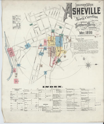 Sanborn Fire Insurance Map from Asheville, Buncombe County, North Carolina (1896), Sheet #0001 - Historic Sanborn Fire Insurance Map Print, vintage old map wall art, antique decor, genealogy gift, North Carolina North Carolina map