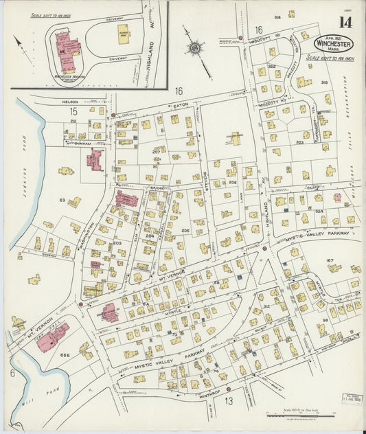 Sanborn Fire Insurance Map from Winchester, Middlesex County, Massachusetts (1921), Sheet #0014 - Historic Sanborn Fire Insurance Map Print, vintage old map wall art, antique decor, genealogy gift, Massachusetts Massachusetts map