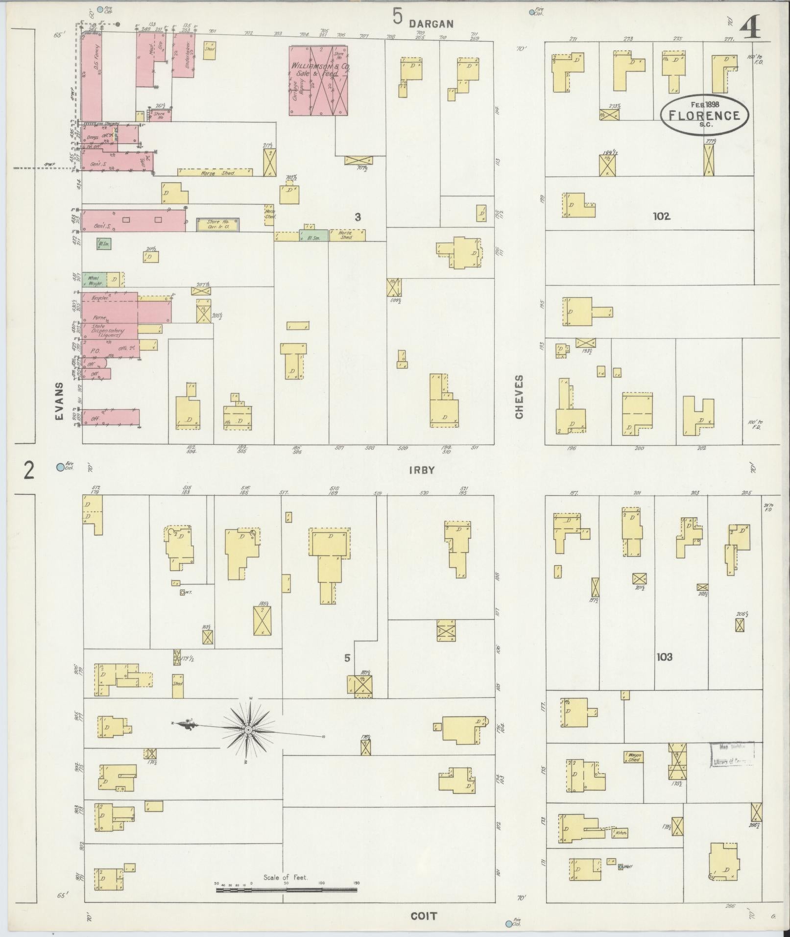 Sanborn Fire Insurance Map from Florence, Florence County, South Carolina (1898), Sheet #0004 - Historic Sanborn Fire Insurance Map Print, vintage old map wall art, antique decor, genealogy gift, South Carolina South Carolina map