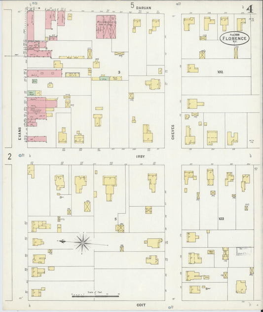 Sanborn Fire Insurance Map from Florence, Florence County, South Carolina (1898), Sheet #0004 - Historic Sanborn Fire Insurance Map Print, vintage old map wall art, antique decor, genealogy gift, South Carolina South Carolina map