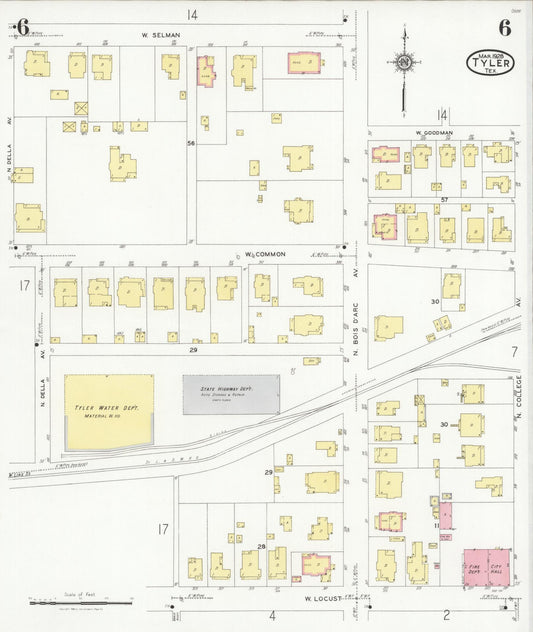 Sanborn Fire Insurance Map from Tyler, Smith County, Texas (1928), Sheet #0006 - Historic Sanborn Fire Insurance Map Print, vintage old map wall art, antique decor, genealogy gift, Texas Texas map