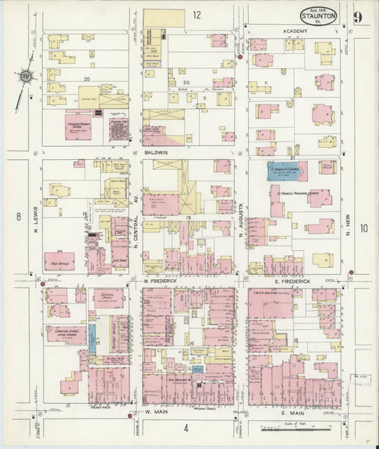 Sanborn Fire Insurance Map from Staunton, Independent Cities, Virginia (1914), Sheet #0009 - Historic Sanborn Fire Insurance Map Print, vintage old map wall art, antique decor, genealogy gift, Virginia Virginia map