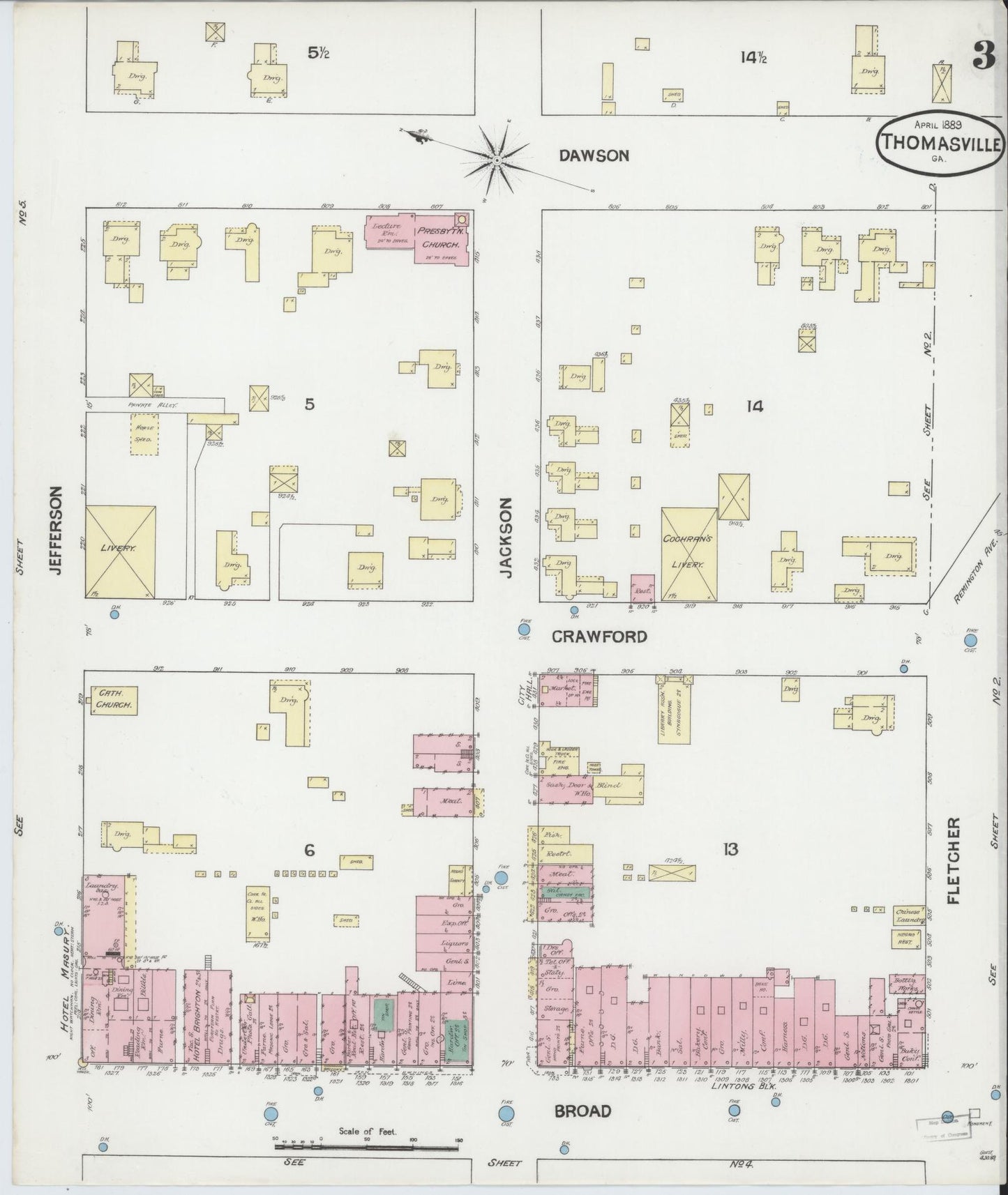 Sanborn Fire Insurance Map from Thomasville, Thomas County, Georgia (1889), Sheet #0003 - Historic Sanborn Fire Insurance Map Print, vintage old map wall art, antique decor, genealogy gift, Georgia Georgia map