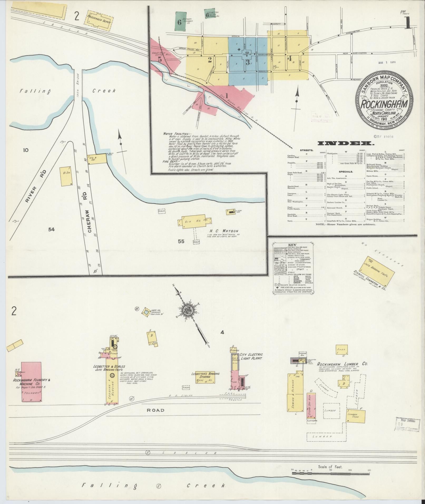 Sanborn Fire Insurance Map from Rockingham, Richmond County, North Carolina (1911), Sheet #0001 - Complete Map Set gallery image, historic Sanborn map, vintage wall art, North Carolina North Carolina