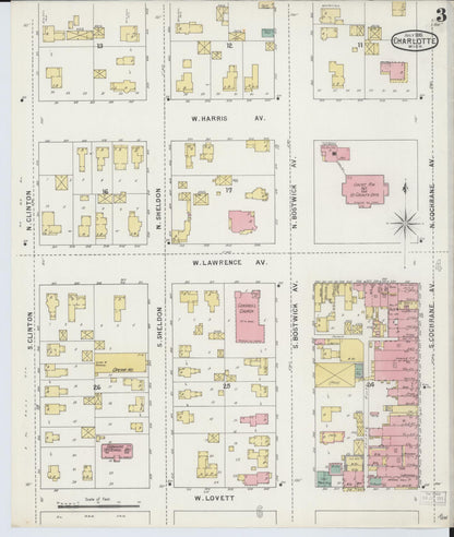 Sanborn Fire Insurance Map from Charlotte, Eaton County, Michigan (1895), Sheet #0003 - Historic Sanborn Fire Insurance Map Print, vintage old map wall art, antique decor, genealogy gift, Michigan Michigan map