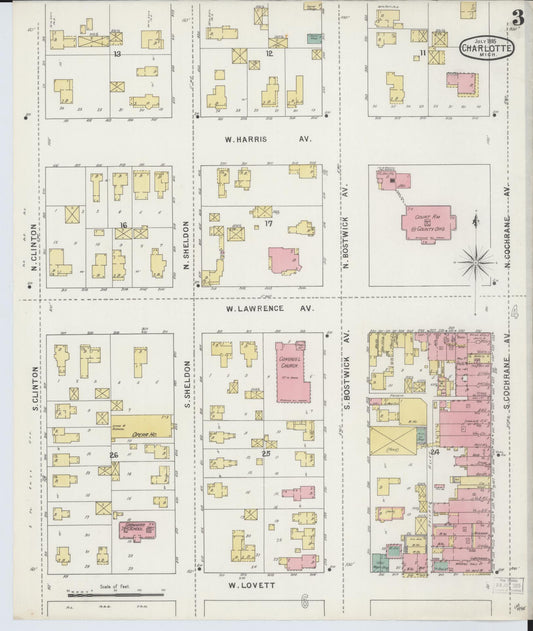 Sanborn Fire Insurance Map from Charlotte, Eaton County, Michigan (1895), Sheet #0003 - Historic Sanborn Fire Insurance Map Print, vintage old map wall art, antique decor, genealogy gift, Michigan Michigan map
