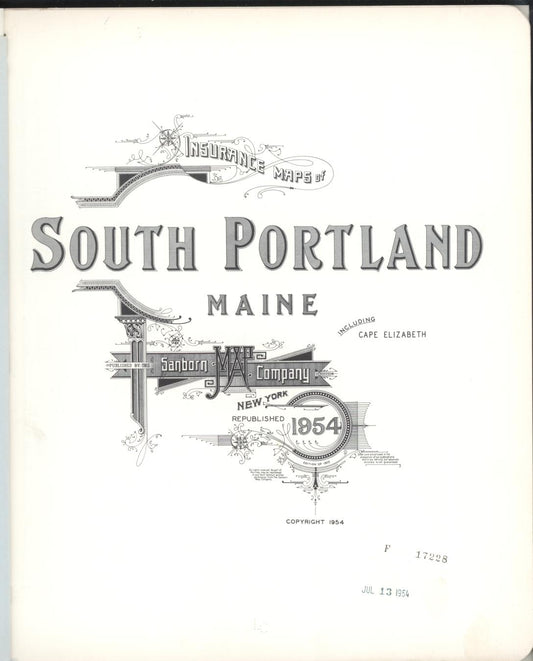 Sanborn Fire Insurance Map from South Portland, Cumberland County, Maine (1954), Sheet #0001 - Historic Sanborn Fire Insurance Map Print, vintage old map wall art, antique decor, genealogy gift, Maine Maine map