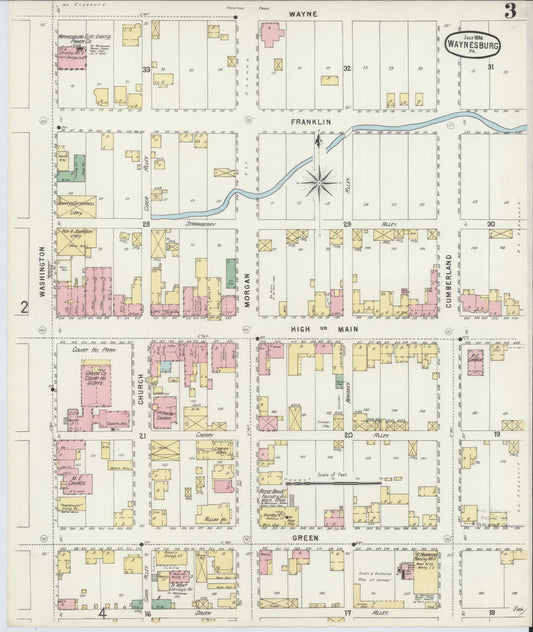 Sanborn Fire Insurance Map from Waynesburg, Greene County, Pennsylvania (1896), Sheet #0003 - Historic Sanborn Fire Insurance Map Print, vintage old map wall art, antique decor, genealogy gift, Pennsylvania Pennsylvania map