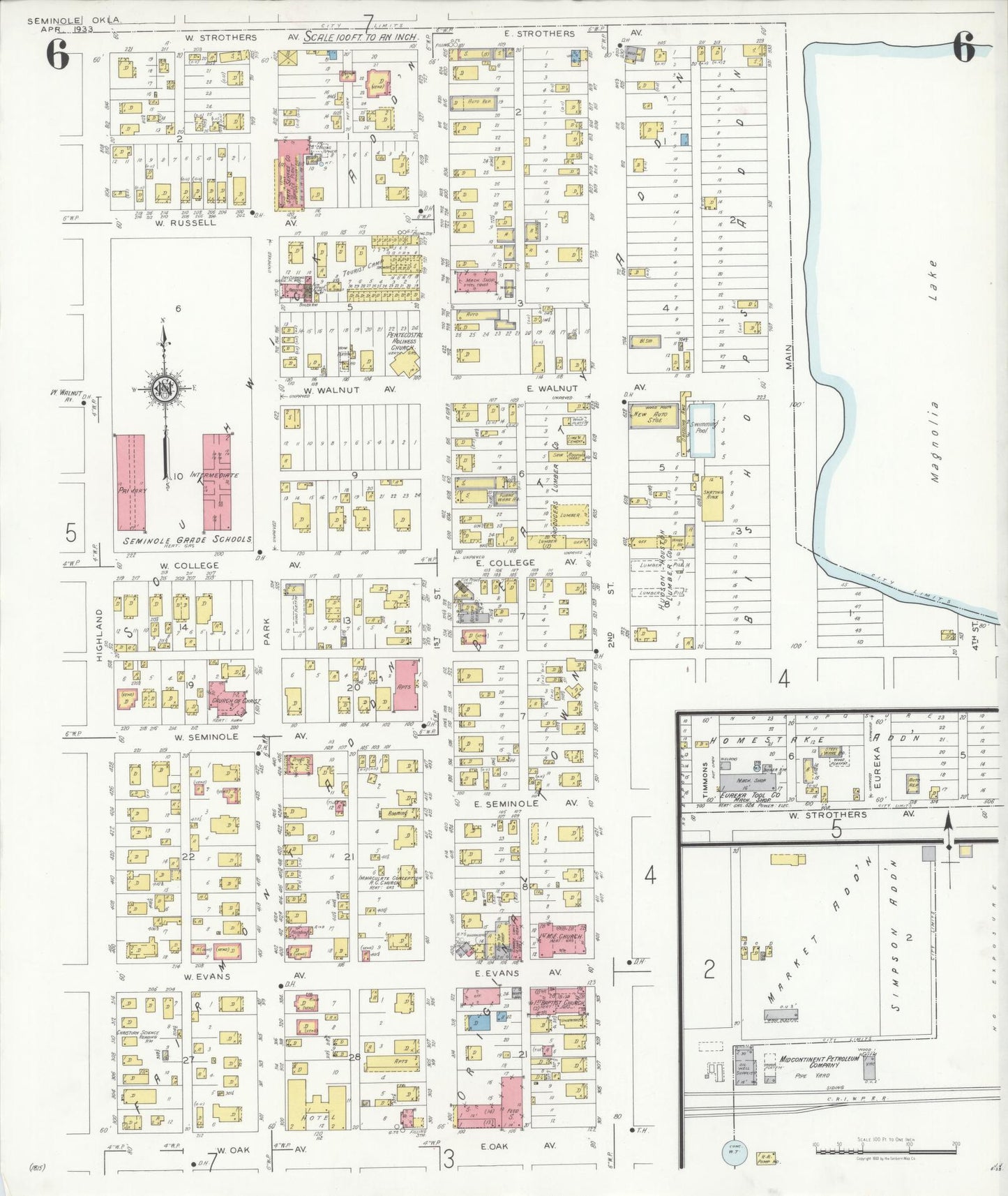 Sanborn Fire Insurance Map from Seminole, Seminole County, Oklahoma (1933), Sheet #0006 - Complete Map Set gallery image, historic Sanborn map, vintage wall art, Oklahoma Oklahoma