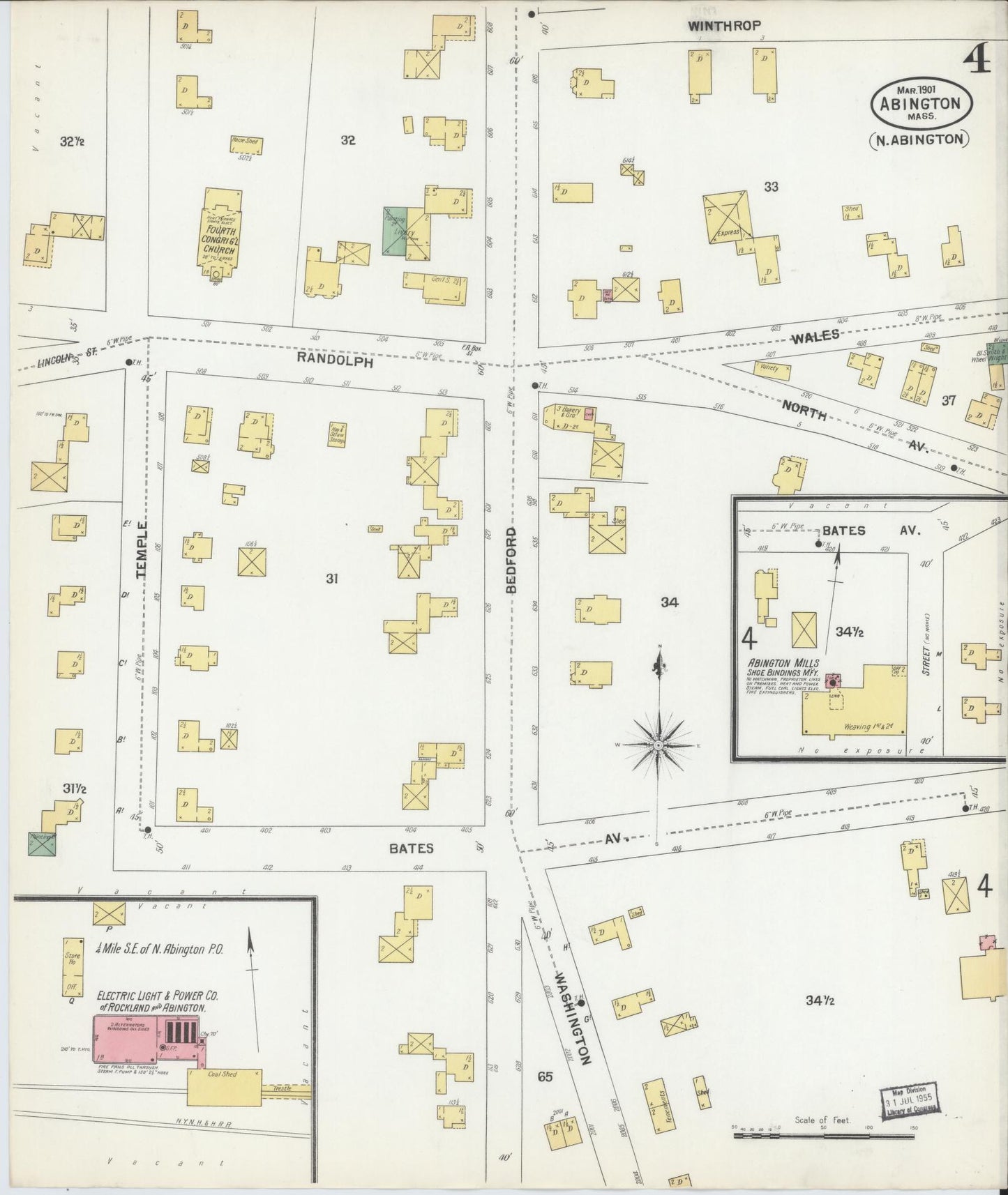Sanborn Fire Insurance Map from Abington, Plymouth County, Massachusetts (1901), Sheet #0004 - Complete Map Set gallery image, historic Sanborn map, vintage wall art, Massachusetts Massachusetts
