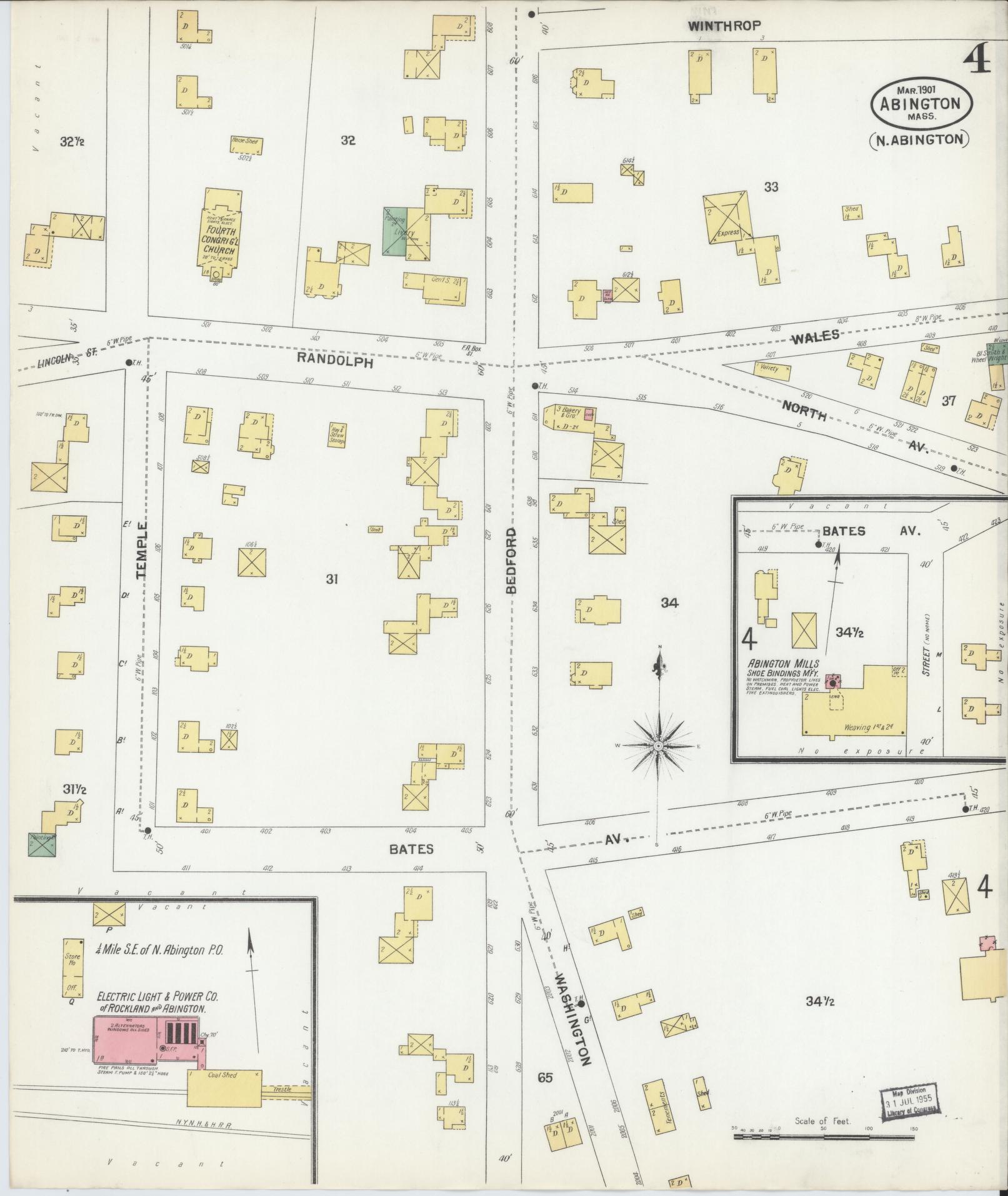 Sanborn Fire Insurance Map from Abington, Plymouth County, Massachusetts (1901), Sheet #0004 - Complete Map Set gallery image, historic Sanborn map, vintage wall art, Massachusetts Massachusetts