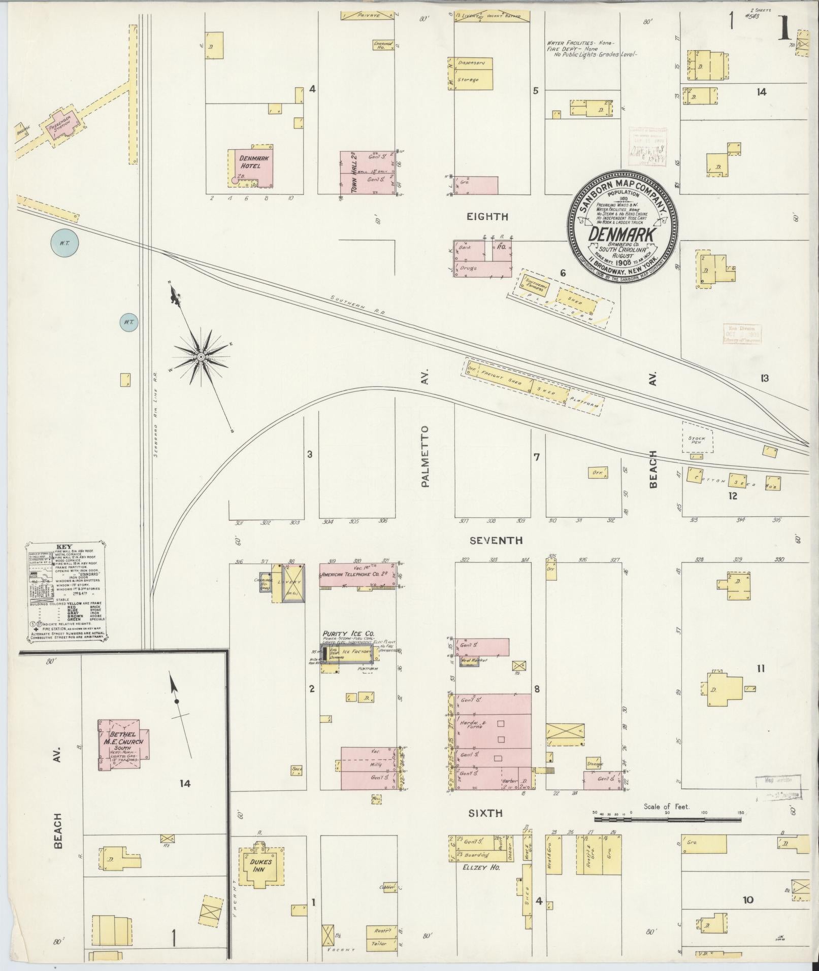 Sanborn Fire Insurance Map from Denmark, Bamberg County, South Carolina (1908), Sheet #0001 - Complete Map Set gallery image, historic Sanborn map, vintage wall art, South Carolina South Carolina
