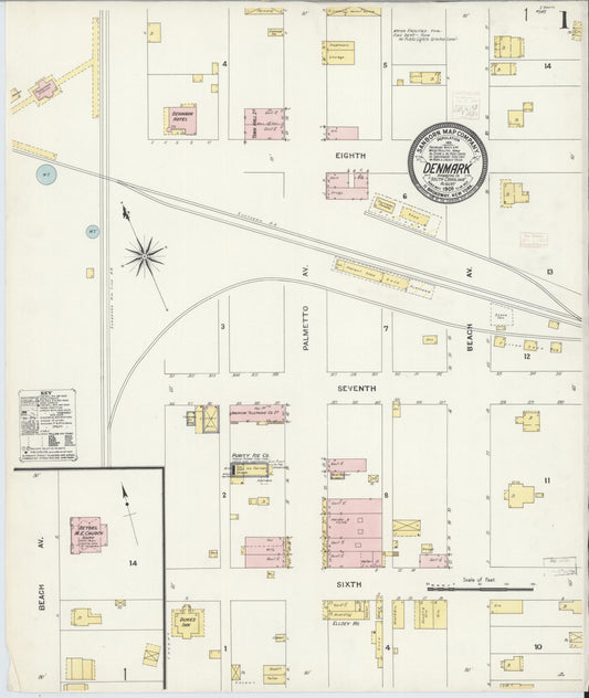 Sanborn Fire Insurance Map from Denmark, Bamberg County, South Carolina (1908), Sheet #0001 - Complete Map Set gallery image, historic Sanborn map, vintage wall art, South Carolina South Carolina
