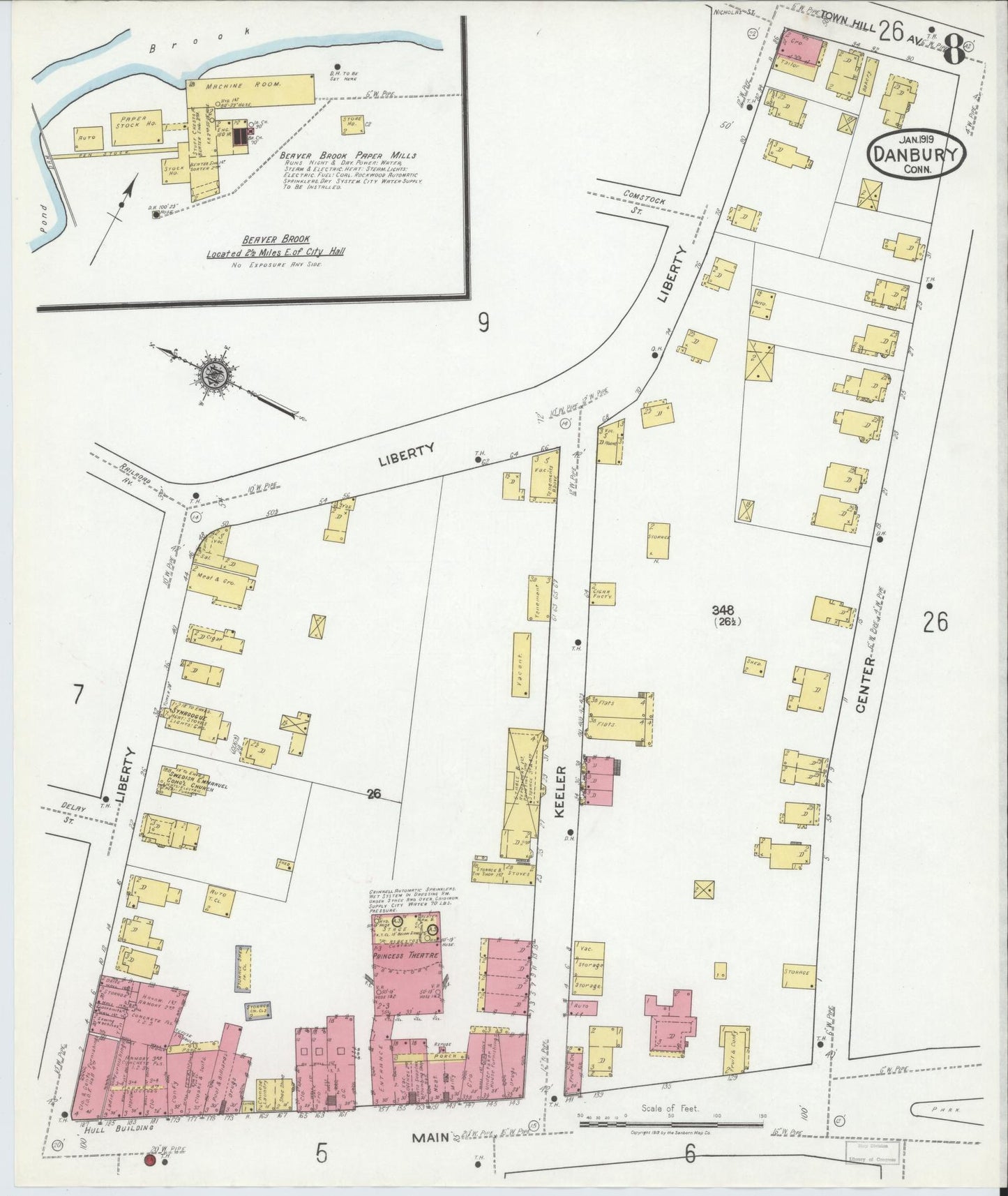 Sanborn Fire Insurance Map from Danbury, Fairfield County, Connecticut (1919), Sheet #0008 - Historic Sanborn Fire Insurance Map Print, vintage old map wall art, antique decor, genealogy gift, Connecticut Connecticut map
