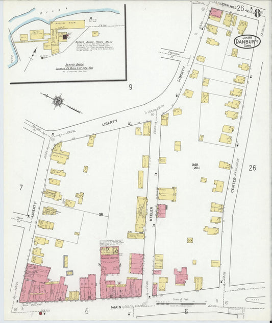 Sanborn Fire Insurance Map from Danbury, Fairfield County, Connecticut (1919), Sheet #0008 - Historic Sanborn Fire Insurance Map Print, vintage old map wall art, antique decor, genealogy gift, Connecticut Connecticut map