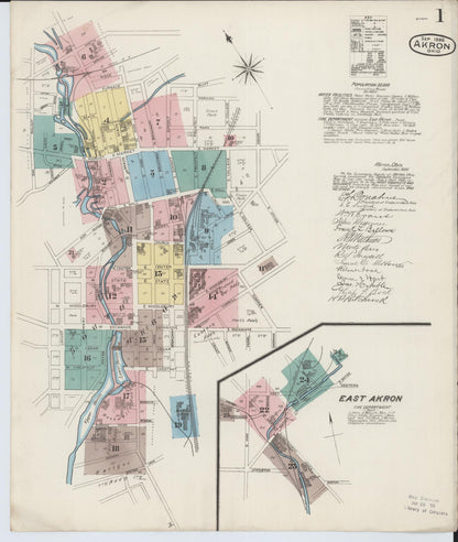Sanborn Fire Insurance Map from Akron, Summit County, Ohio (1886), Sheet #0001 - Historic Sanborn Fire Insurance Map Print, vintage old map wall art, antique decor, genealogy gift, Ohio Ohio map