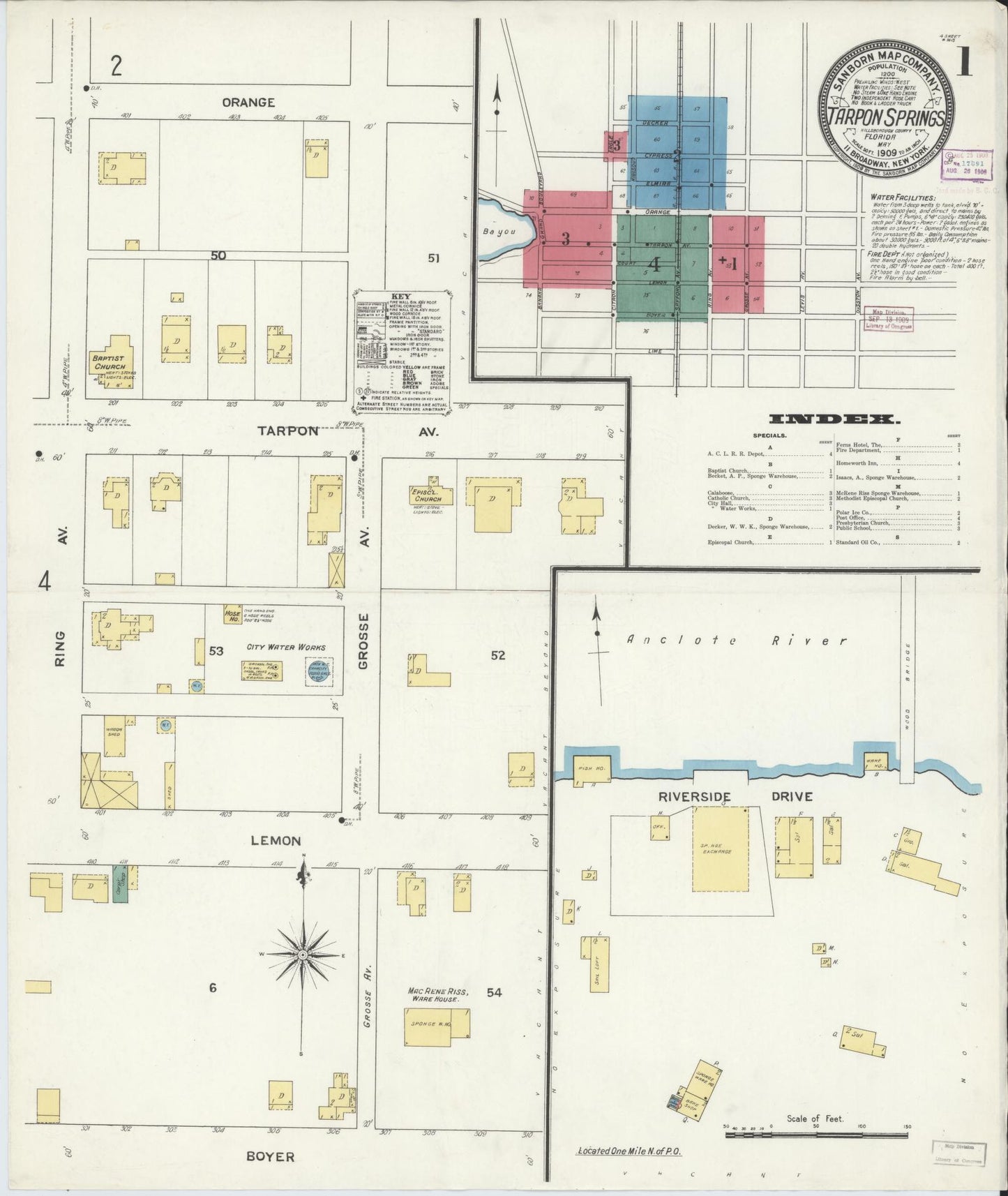 Sanborn Fire Insurance Map from Tarpon Springs, Pinellas County, Florida (1909), Sheet #0001 - Complete Map Set gallery image, historic Sanborn map, vintage wall art, Florida Florida