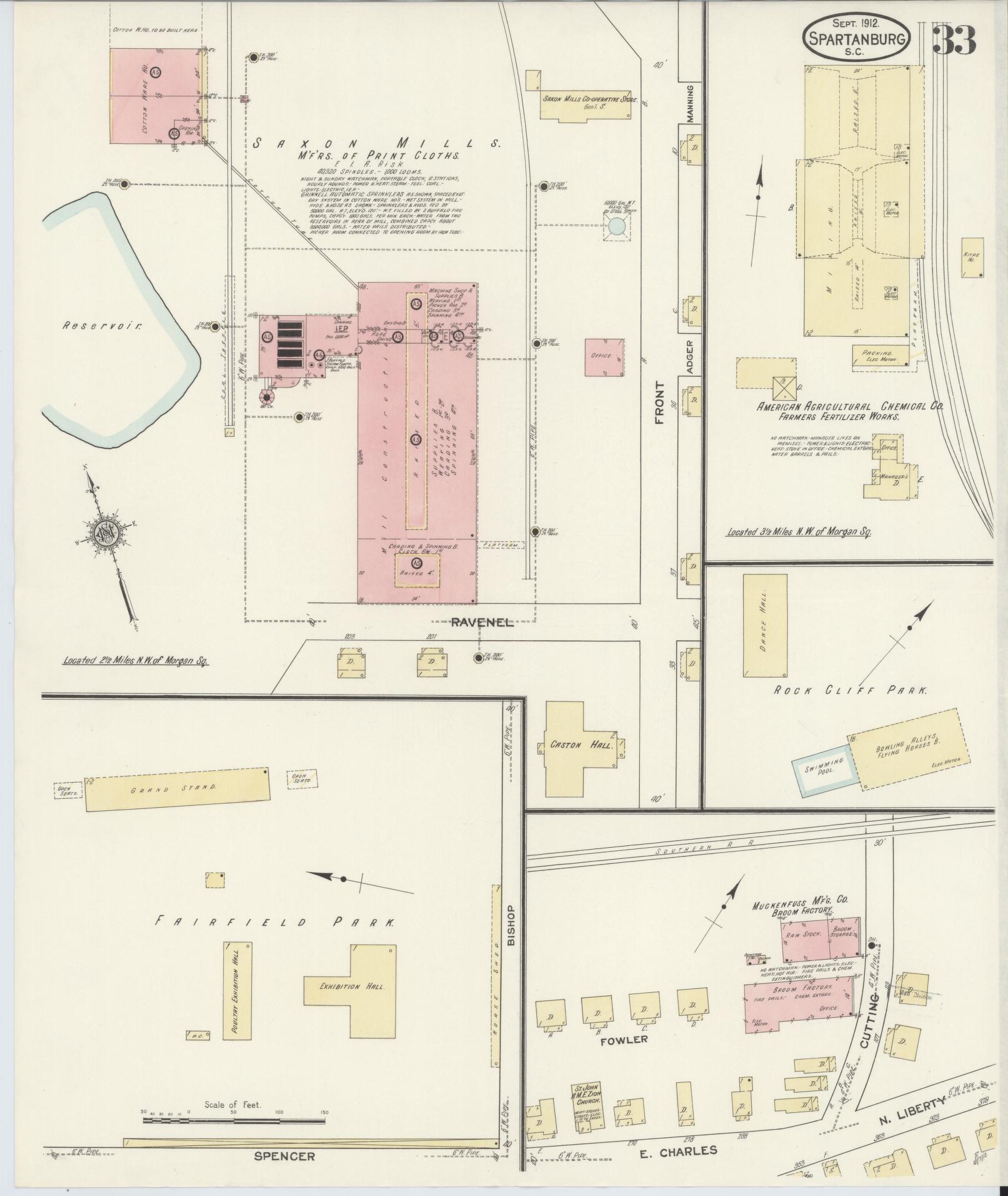 Sanborn Fire Insurance Map from Spartanburg, Spartanburg County, South Carolina (1912), Sheet #0033 - Historic Sanborn Fire Insurance Map Print, vintage old map wall art, antique decor, genealogy gift, South Carolina South Carolina map