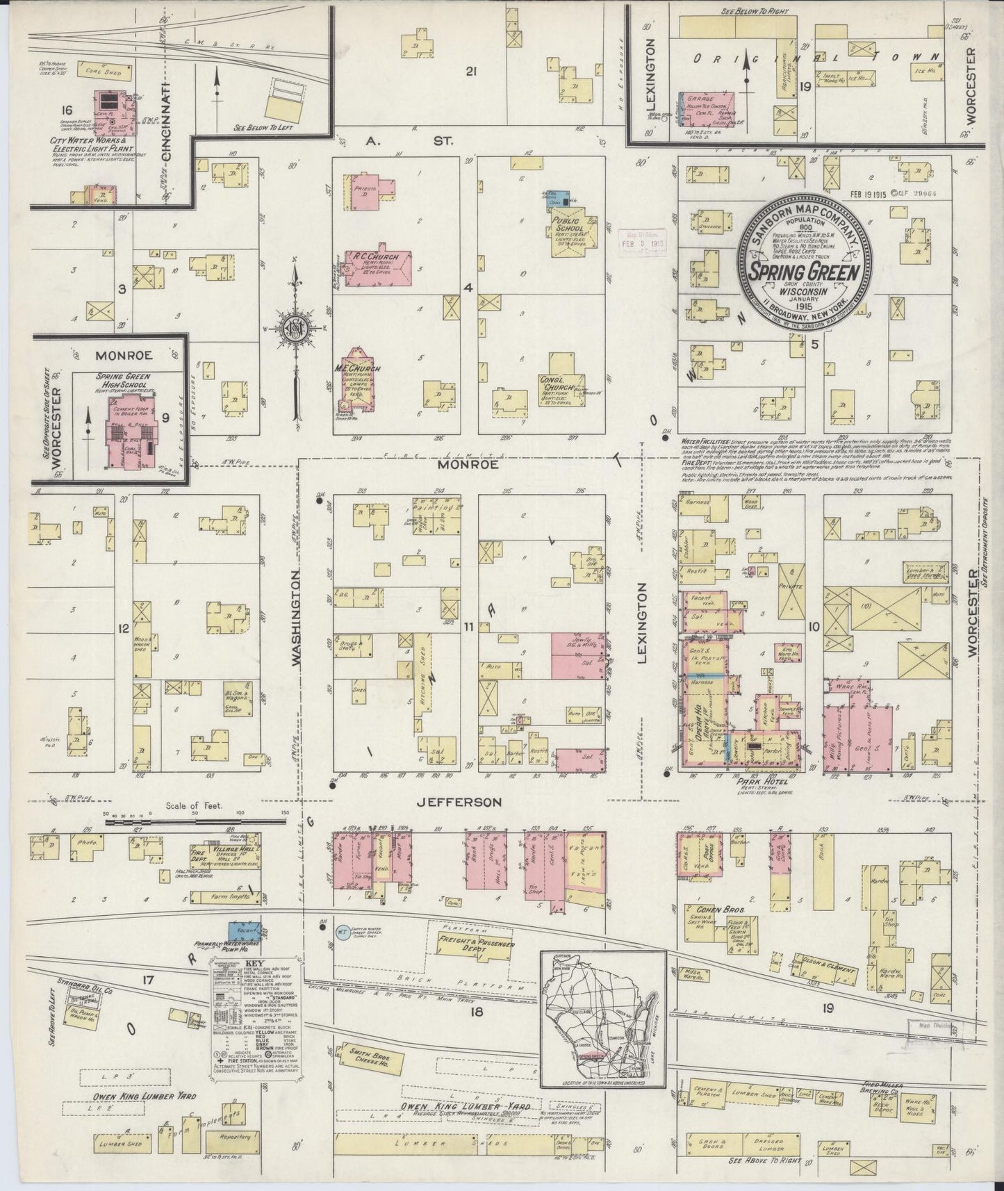 Sanborn Fire Insurance Map from Spring Green, Sauk County, Wisconsin (1915), Sheet #0001 - Historic Sanborn Fire Insurance Map Print, vintage old map wall art, antique decor, genealogy gift, Wisconsin Wisconsin map