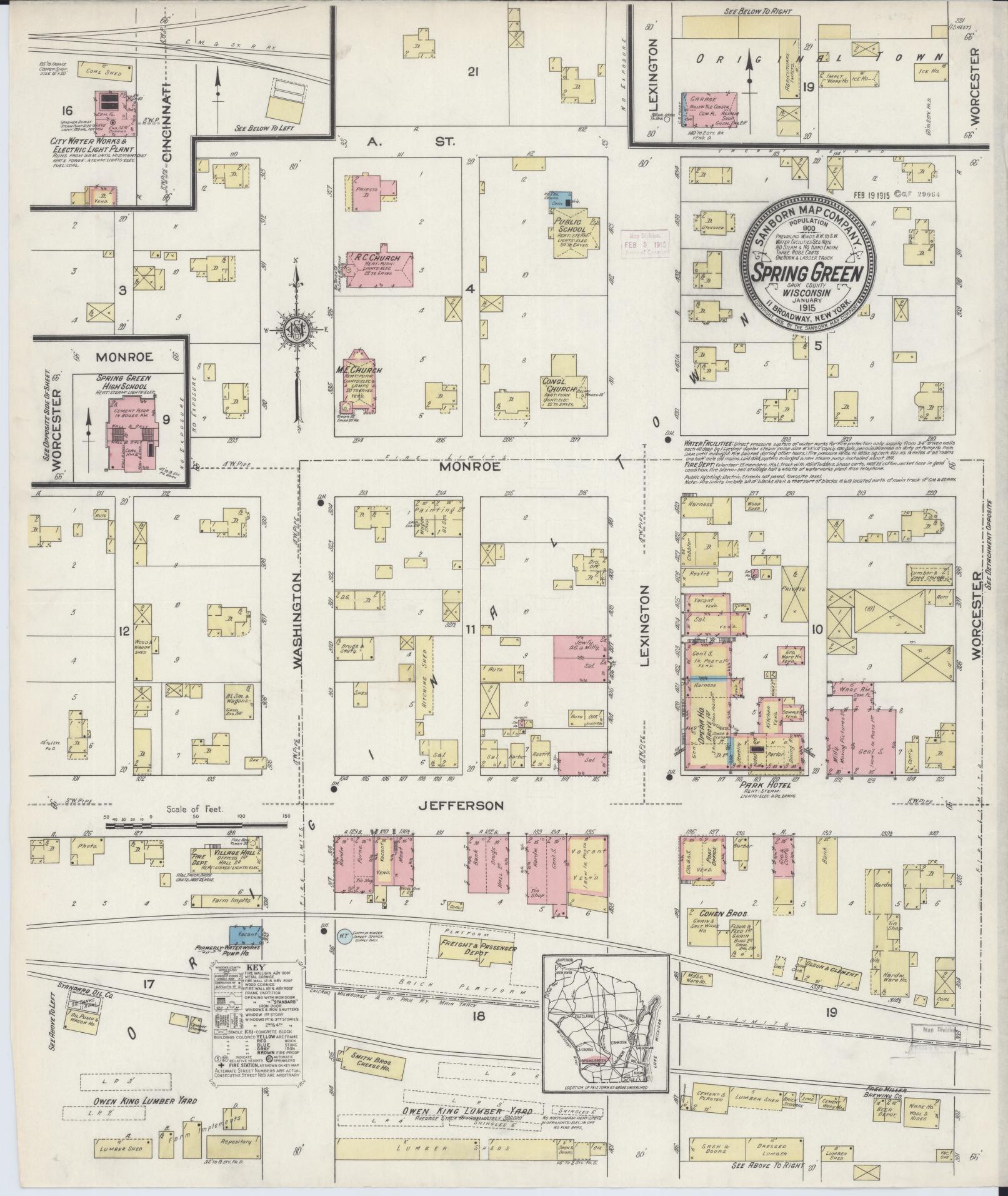 Sanborn Fire Insurance Map from Spring Green, Sauk County, Wisconsin (1915), Sheet #0001 - Historic Sanborn Fire Insurance Map Print, vintage old map wall art, antique decor, genealogy gift, Wisconsin Wisconsin map