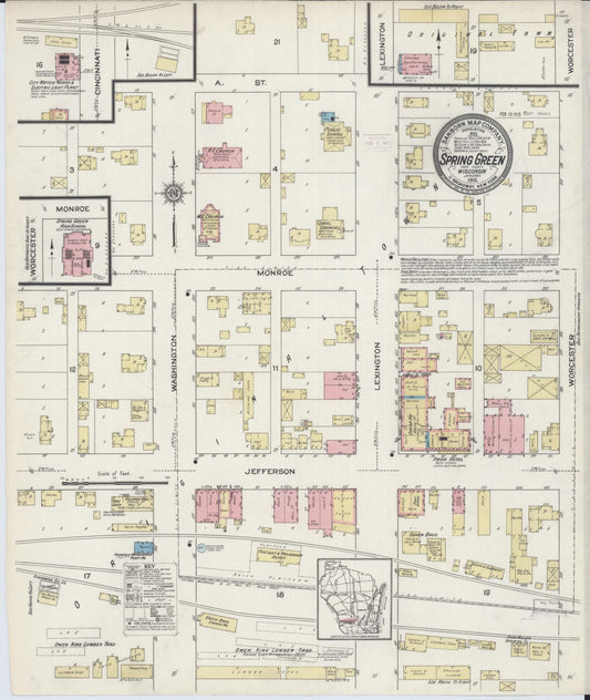 Sanborn Fire Insurance Map from Spring Green, Sauk County, Wisconsin (1915), Sheet #0001 - Historic Sanborn Fire Insurance Map Print, vintage old map wall art, antique decor, genealogy gift, Wisconsin Wisconsin map