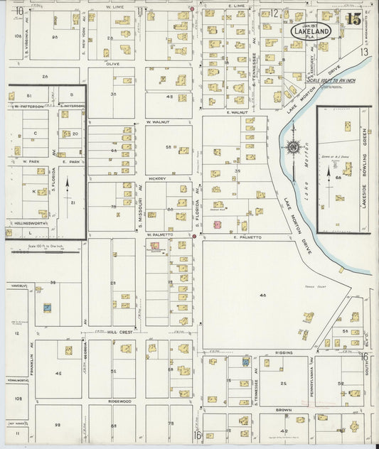 Sanborn Fire Insurance Map from Lakeland, Polk County, Florida (1917), Sheet #0015 - Historic Sanborn Fire Insurance Map Print, vintage old map wall art, antique decor, genealogy gift, Florida Florida map