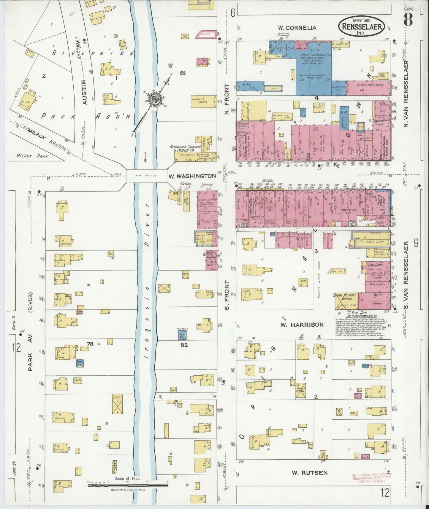 Sanborn Fire Insurance Map from Rensselaer, Jasper County, Indiana (1921), Sheet #0008 - Complete Map Set gallery image, historic Sanborn map, vintage wall art, Indiana Indiana