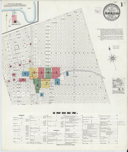 Sanborn Fire Insurance Map from South McAlester, Pittsburg County, Oklahoma (1904), Sheet #0001 - Historic Sanborn Fire Insurance Map Print, vintage old map wall art, antique decor, genealogy gift, Oklahoma Oklahoma map