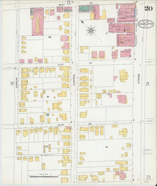 Sanborn Fire Insurance Map from Charlotte, Mecklenburg County, North Carolina (1905), Sheet #0020 - Historic Sanborn Fire Insurance Map Print, vintage old map wall art, antique decor, genealogy gift, North Carolina North Carolina map