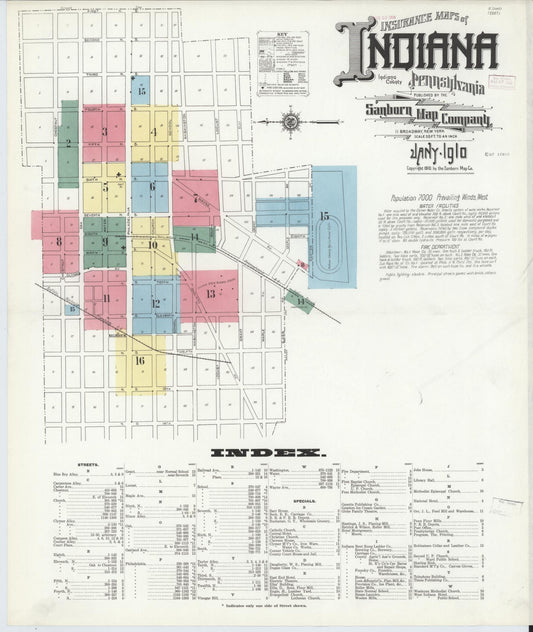 Sanborn Fire Insurance Map from Indiana, Indiana County, Pennsylvania (1910), Sheet #0001 - Historic Sanborn Fire Insurance Map Print, vintage old map wall art, antique decor, genealogy gift, Sanborn Fire Insurance Map from Indiana Indiana map