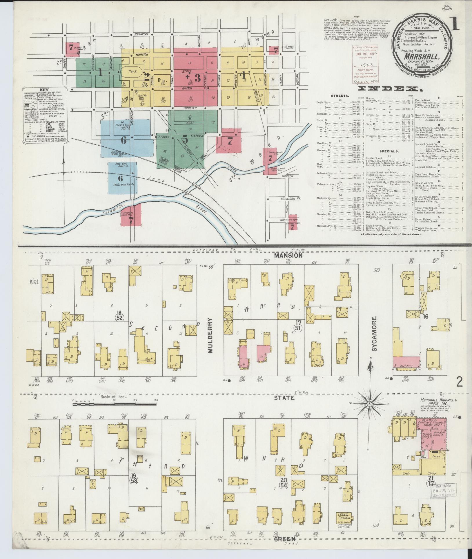 Sanborn Fire Insurance Map from Marshall, Calhoun County, Michigan (1899), Sheet #0001 - Complete Map Set gallery image, historic Sanborn map, vintage wall art, Michigan Michigan